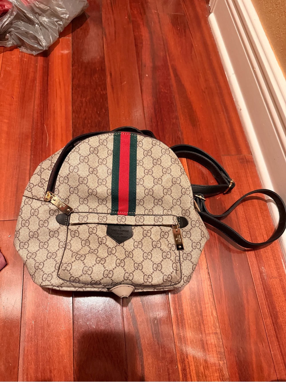 Mini Gucci Style Tan GG Supreme Canvas Mini Backpack with Green-Red Stripe
